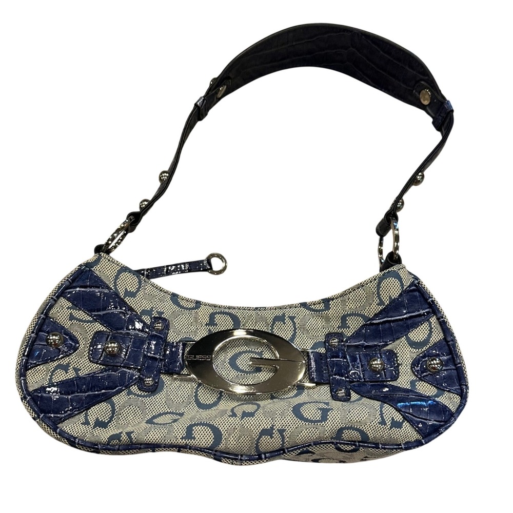 Y2K Guess Baguette Shoulder Bag Monogram Blue Grey Croc Embossed Silver G Buckle